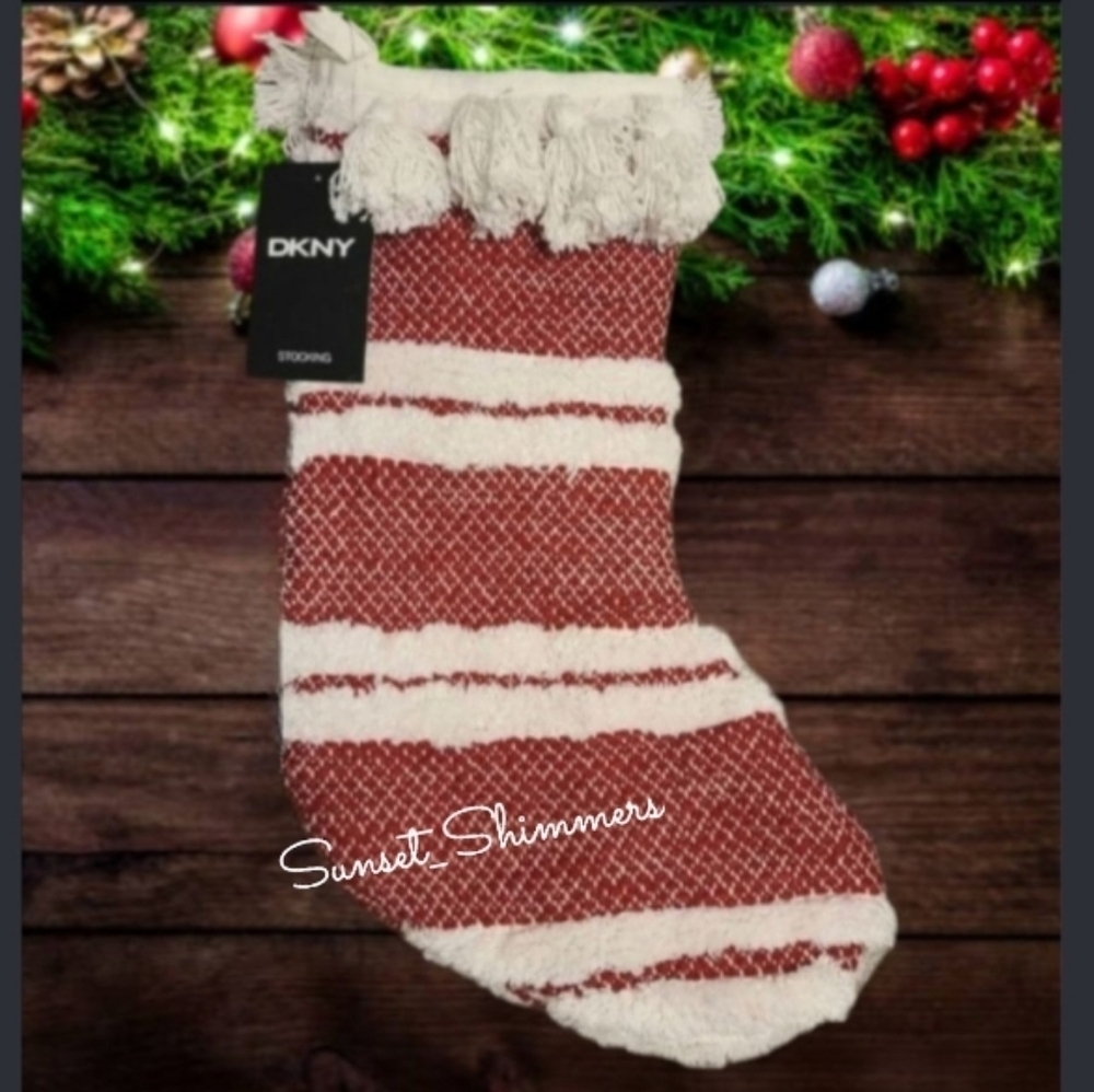 Donna Karen NY Bohemian Fringe Red Chenille Cotton Tassels Christmas Stocking